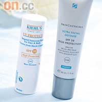 （左）Kiehl's輕便重點防曬膏SPF50 $205（E）    （右）SkinCeuticals補濕防曬霜SPF50 $300（F）
