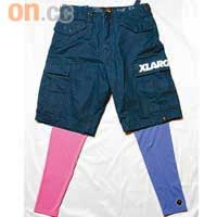 X-large藍色短褲 $499（e）、Hyoma藍×粉紫色Leggings $299（f）
