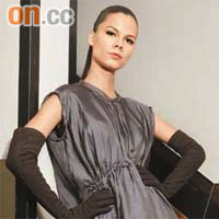 灰色silk twill dress　$9,900<br>朱古力色麖皮手套　$9,950