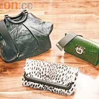 皮製手挽袋　$3,590<BR>仿鱷魚紋手袋 未定價<BR>斑點圖案Clutch $2,190