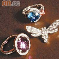 蜜蜂鑽石心口針　$226,900<BR>紫晶鑽石戒指　$63,900<BR>鑽石藍寶戒指　$742,000