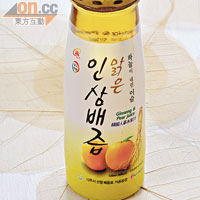 人蔘水梨汁 $15（c）<BR>除了高麗蔘之外，豐水梨亦是韓國大受歡迎的特產，這款飲品融合了甘味人蔘汁及清甜水梨汁，不加任何添加色素及味道，送上天然健康。