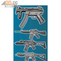 氣槍備有4款任揀，包括（由上至下）MP5K衝鋒槍，及M4A1、G36C、SIC552自動步槍，外形雖有不同，但性能相若。