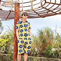 黃×白×藍色夏威夷花Polo $299<BR>黃×白×藍色夏威夷花棉質短褲 $259