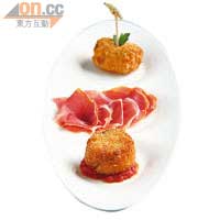 Tapas $98（b）<br>黃昏時分會供應Tapas，包括西班牙風乾火腿、香脆馬介休球及炸蟹餅等，佐酒一流。