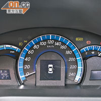 三圈式儀錶板，右起為行駛模式、速度錶及油錶。