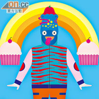 《蛋糕．彩虹．蘑菇．蟲》表現Man Tin一貫的繽紛鮮艷風格。