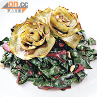 Grilled Baby Artichoke with Ruby Chard and Pine Nuts<br>新鮮雅枝竹好嫩口，烚熟再烤，味道特別甘香。