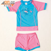 ELLE粉紅×淺藍心心圖案短袖泳衣套裝 $309（c）