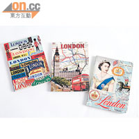 同期英姿<br>一套3本記事簿，每本均以倫敦特色圖案包裝。$95/套（b）