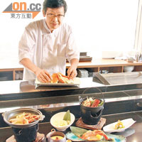 蟹和食套餐 $395（1人前）<BR>Mitsubori Koji推介，6道菜式包括由上左起高級蟹扒燒、蟹鍋（連烏冬）、蟹肉蒸蛋、蟹刺身、蟹前菜和師傅手中的松葉蟹酢。