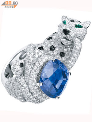 藍寶石、縞瑪瑙、祖母綠、鉑金鑽石豹形戒指