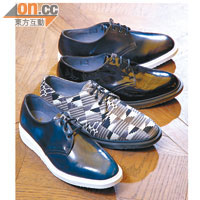 （由下至上）A.SAUVAGE×Dr.Martens深藍色皮鞋 $3,900、幾何圖案印花皮鞋 $4,900、深啡色漆皮鞋 $4,600、深灰色皮鞋 $3,900