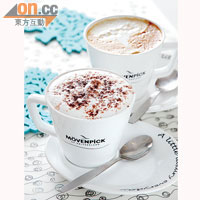 Cappuccino（前）、Caffe Latte（後）各$25（小）<BR>選用瑞士Mövenpick咖啡豆，Cappuccino是先熱奶待脹起才加咖啡，令兩者混得更好，口感更滑。