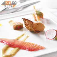 Salmon in Six Ways $178（d）<br>大廚特別將橄欖油做成魚子醬來配三文魚，不太油膩又有油潤的口感。