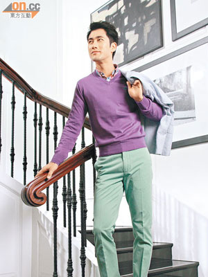 格仔shirt　$1,700<br>紫色冷衫　$1,400<br>綠色pants　$1,500<br>粉藍色直間西裝外套$6,500
