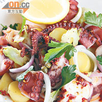 Octopus and Potato Salad $128<br>選用葡萄牙八爪魚，加上秘製薯仔沙律，以檸檬汁、橄欖油和辣椒油調味，煙韌卻爽口。