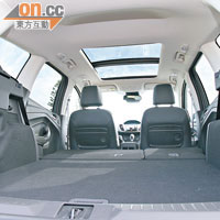尾箱空間可藉放平後座靠背去提升，全景天窗更成標準配備。
