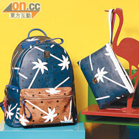 藍色Backpack（Medium）$8,300（左）、藍色Pouch（Medium）$3,800<br>藝術家筆下的棕櫚樹元素罕有出現品牌中，為這個夏天添動感生氣。