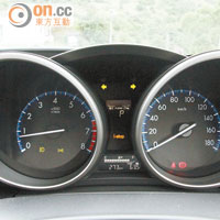 兩大銀色圓框錶板，中央是i-DM系統顯示屏，綠燈代表當時駕駛方式。