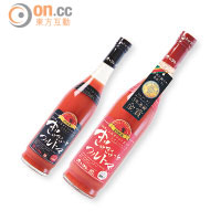 （左）Saikaen Tomato Juice Red Label $144 （f）<br>（右）Saikaen Tomato Juice Black Label $199 （f）<br>選用高知縣土佐市的番茄，由不同甜度和酸度的番茄製成，無添加其他成分。連續3年由比利時Monde Selection 頒發金獎。