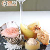 Oyster Trio $138（c）<br>法國蠔伴Virgin Mary泡沫、香茅啫喱伴日本珍珠蠔和炸廣島蠔。Virgin Mary有點像Cocktail Sauce卻更惹味，創新好味！