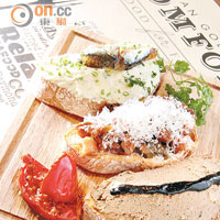 The Best Bruschetta You Ever Had $98<br>烘脆了的麵包上分別鋪滿自家製的雞肝醬、混合了香草的茄子醬及鹹魚蓉，佐酒吃一流。