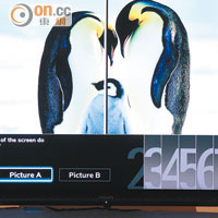 設有影像對比畫質調校技術，電視會顯示出多張一分為二的相片，讓用家揀選喜歡的畫質風格。
