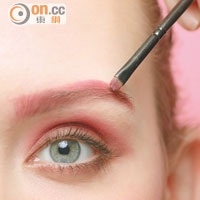 Steps<br>用眉掃沾上粉紅色胭脂，代替眉粉使用；想顏色持久不脫落，更可以用上淺色的眉Gel。