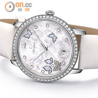 De Ville Prestige Co-Axial Luxury Dial腕錶（18K紅金錶殼、蝴蝶圖案、白色條紋緞面皮革錶帶款式） $158,200