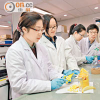 （左起） 羅海雯、葉詠兒、馮卓瑤及張駿霖，經過一年的努力，成功利用橙皮製作成香精。