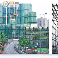 香港的發展步伐從沒停頓過，街頭巷尾不難發現地盤、竹棚之類的東西。左圖攝於黃大仙（1999年），右圖則攝於灣仔（2005年）。