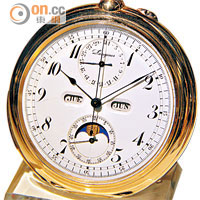 1878年—18K黃金Lepine懷錶，設有月相、計時、星期日曆、小時及刻鐘報時功能。