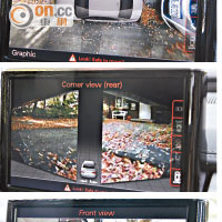 透過360度環視監測裝置，駕駛者可即時從中控台屏幕，掌握四周的路面情況。