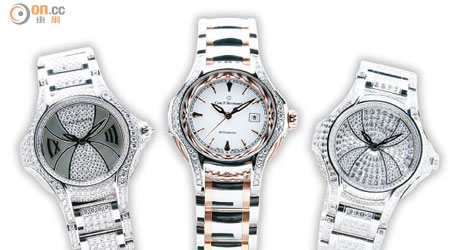 Pathos Diva系列<br>（左至右）圓形鑽石腕錶 $1,650,000、玫瑰金鑽石腕錶 $106,000、方形鑽石腕錶 $4,300,000