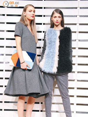 灰色立體下襬連身裙與拼色毛毛上衣襯長褲，一柔一剛，代表兩種女性美。