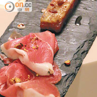 Culatello火腿配吞拿魚柳，兩者鮮嫩肉質一較高下，€40（約HK$392）。