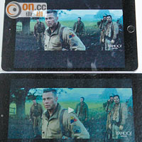 播放《Fury》全高清Trailer時，YOGA Tablet 2（下）明顯可顯示出較大畫面，而且色彩層次較iPad mini 3（上）更細膩。