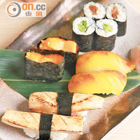 壽司拼盤（廚師發辦菜譜）款式會視乎季節而定，以初秋為例，有黃椒、紅蘿蔔蓉、青瓜卷及干飄卷。