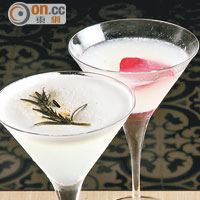 （前）Rosemary Pisco Sour $98<br>（後）White Rose $85<br>Rosemary選用Pisco、檸檬汁、蛋白玫瑰Syrup調配，質感濃稠。<br>White Rose則選用荔枝玫瑰糖漿和荔枝利口酒等調製，帶清新荔枝香。