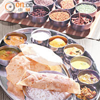 South Indian Thali $90<br>Thali在印度真奈幾乎每家餐廳都有供應，是印度南部最普遍的主食之一。餐盤上放有8款用不同香料和蔬菜做成的醬汁，包括Rasam、Poriyal和Kuzhambu等，配搭印度Chapati或Puri、Appalam和米飯，分量十足。