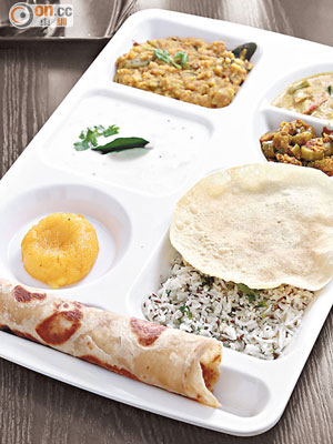 Jain Set Menu $85<br>套餐用Ponni Raw Rice做成的3種米飯，包括加入乳酪的Curd Rice、用3種蔬菜煮成的Sambar Rice和每天不同的Rice Of The Day，是地道的主食之一。