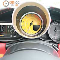 黃色引擎轉速計置於錶板中央，左邊還有屏幕顯示各類行車資訊。