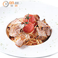 Grilled Iberico Pork with Tomato Pasta $168 <BR>燒至剛好熟的黑毛豬肉鋪在新鮮番茄醬煮的寬條麵上面，吃起來酸香又惹味。