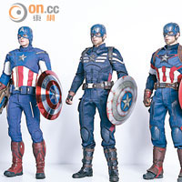 將3代美國隊長一字排開，可見新版（右）的戰鬥服，融合了《The Avengers》版（左）及《The Winter Soldier》Stealth S.T.R.I.K.E. Suit版（中）兩套特色。
