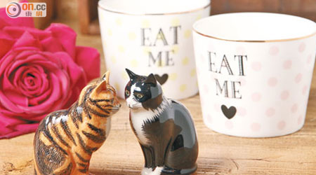 可愛的花貓與黑貓，能為主人的燭光晚餐添加情味，乃貓奴情侶的首選禮物。Reuben Sparky S & P $280/對、ME-Ceramic Pot Dots Rose Eat Me $240/隻