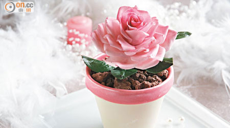 浪漫花語 $520（a）<br>美得如一朵盛放玫瑰花的蛋糕問你怎捨得吃進肚子裏？原來花兒是蛋糕，玫瑰花是不太甜膩的糖皮，花盆裏面則是榛子脆脆的特濃朱古力蛋糕。