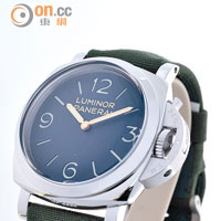 PAM00606 Luminor 1950 3 Days Acciaio屬兩針錶款，搭載品牌P.3000手動上鏈機芯，配襯軍綠色帆布錶帶，限量100枚。 $73,400
