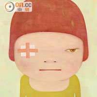 《傷》<br>作品利用了塑膠彩和拼貼畫布製作，主角是一名右眼受傷的小女孩。