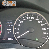 行走新界環迴公路期間，儀錶板上的即時平均耗油量低見8.3L/100km。